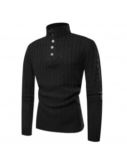 Mens Casual Breathable Buttons High Collar Solid Color Long Sleeve Sweaters