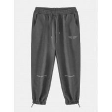 Mens Wings Back Print Plus Velvet Thick Drawstring Waist Cotton Jogger Pants