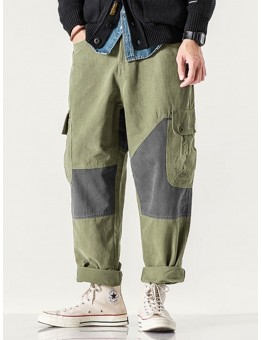 Mens Patchwork Zipper Fly Casual Cotton Cargo Pants With Pocket